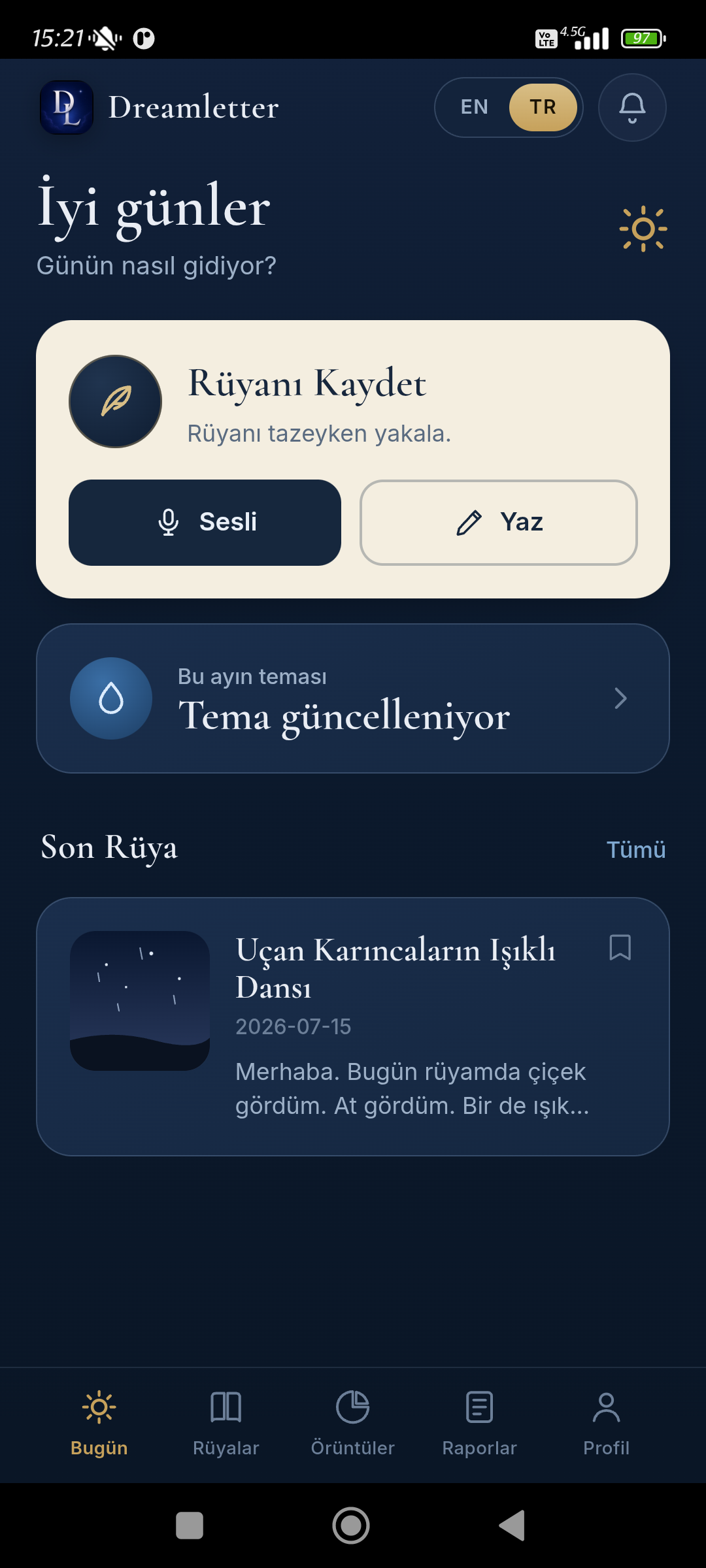 Dreamletter Türkçe ana ekranı ve rüya kaydetme deneyimi
